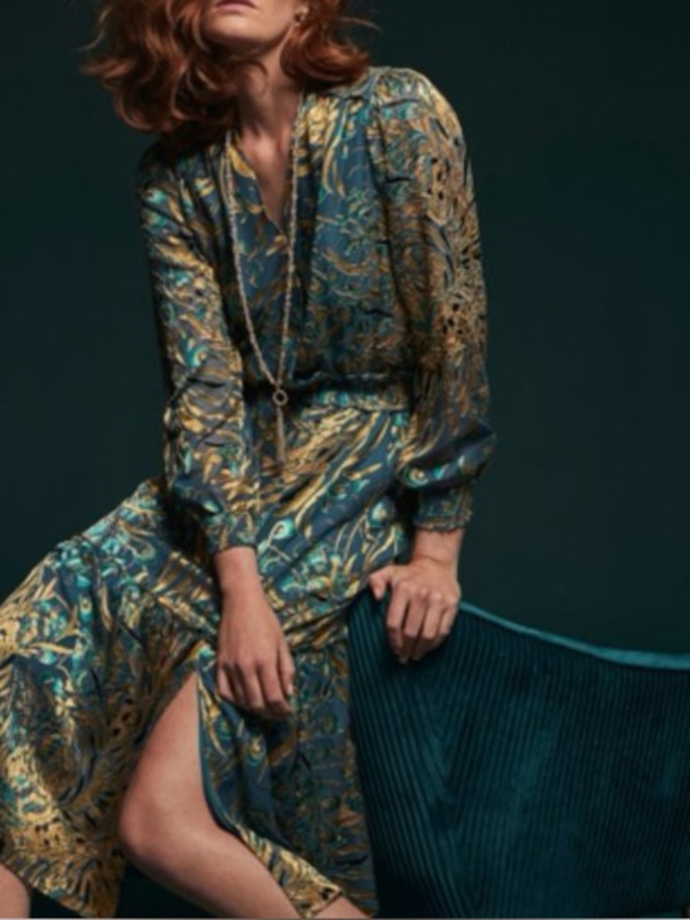 White House Black Market Teal and Gold Long Sleeve Midi Dress